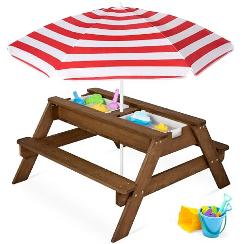 Best Choice Products Kids 3-in-1 Sand & Water Table, Wood Outdoor Convertible Picnic Table w/Umbrella, 2 Trays, Removable Top, 220lb Capacity Per Bench -Walnut/Red | Amazon (US)