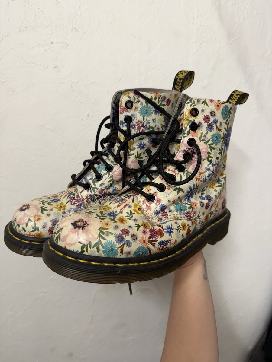 Dr. Martens Floral Print Lace-Up Combat Boots Multicolor Leather Women's Size 8 | eBay US