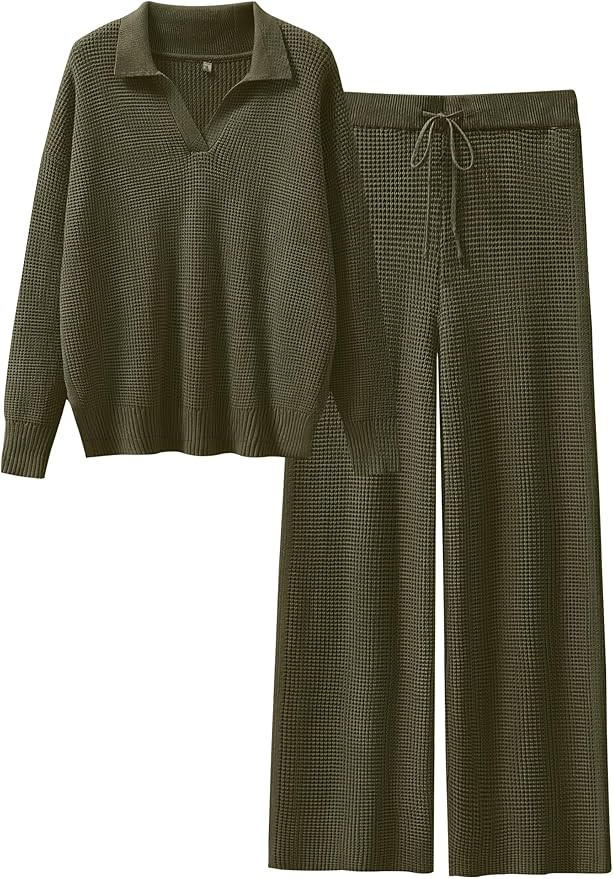 ANRABESS Women Two Piece Outfits Sweater Sets Lounge Waffle Knit Pullover Matching Wide Leg Pants... | Amazon (US)