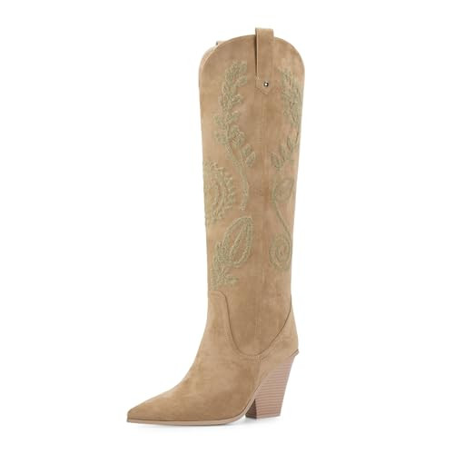 ISNOM Suede Womens Cowboy Boots Knee High, Apricot Cowgirl Boots Womens Western Boots Knee High Cowboy Boots Women Knee High Western Boots Women Cowgirl Boots Women Women's Cowboy Boots Chunky Heels | Amazon (US)