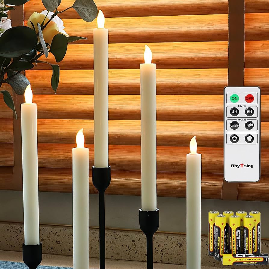 Rhytsing 10" Ivory Flameless Taper Candles with Timer, Battery Operated Dinner Candlesticks, Push... | Amazon (US)