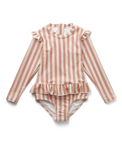 LDIOIF Toddler Girls One Piece Bathing Suit Pink Striped Swimsuit Zipper Long Sleeve Rash Guard Swimwear with Ruffle Hem 3-4T | Amazon (US)