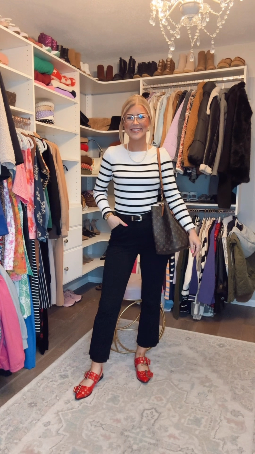 winter work outfit // pearl claw clip // pearl necklace // Rayban women’s glasses // trendy chain earrings // chunky gold designer inspired earrings // striped black and white Amazon sweater // women’s Amazon slacks // Amazon designer inspired red flats // women workwear // corporate ootd // healthcare admin outfit 