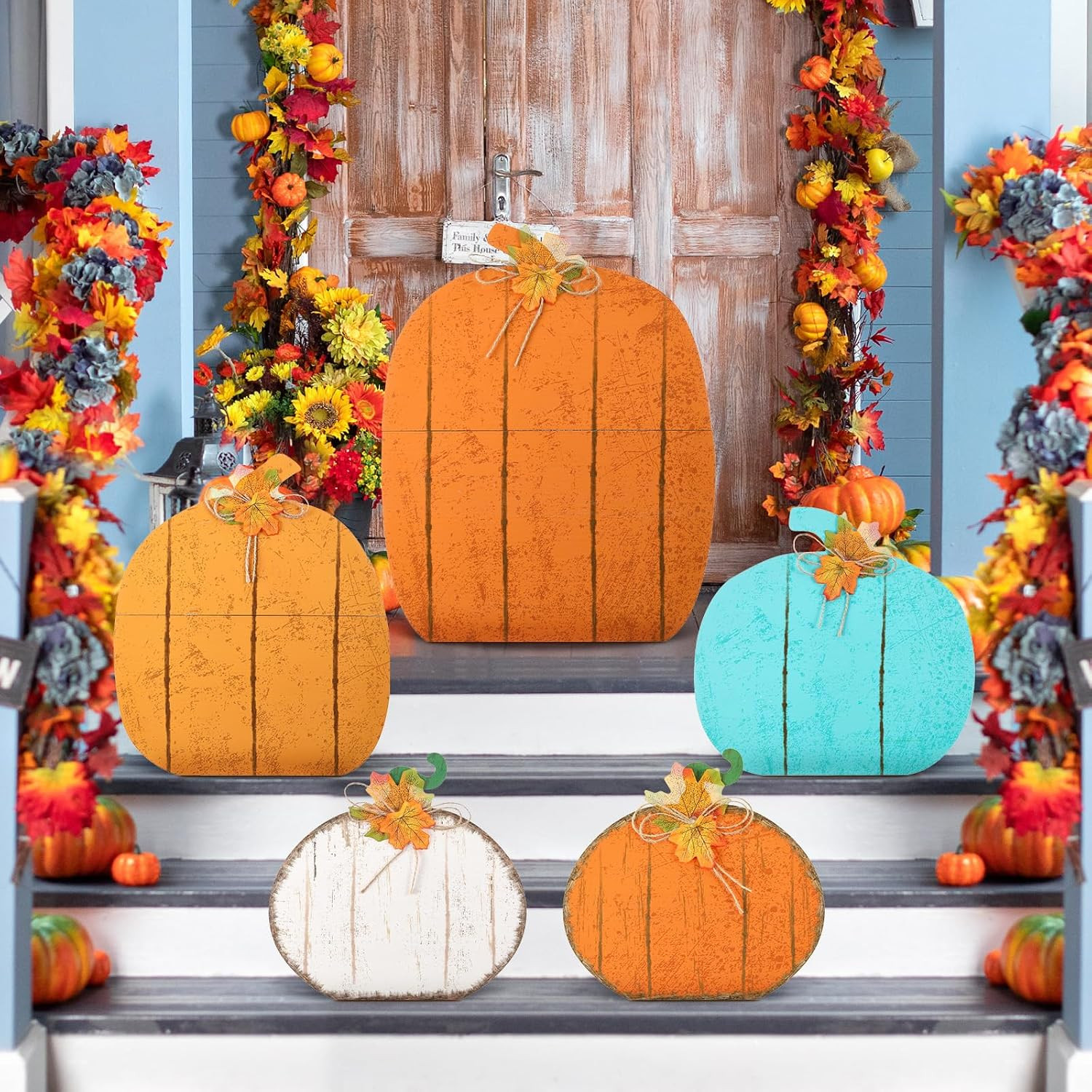Yuntau 5 Pcs Thanksgiving Farmhouse Porch Decoration, 4 Colors Pumpkins | Amazon (US)