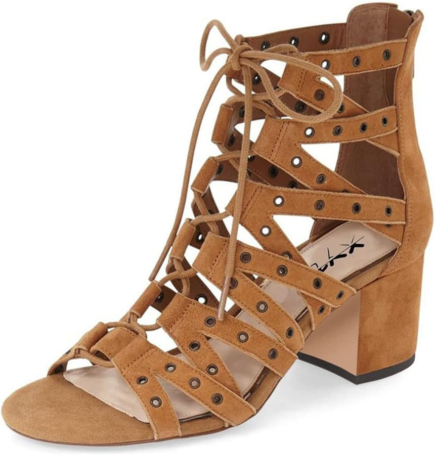 XYD Women Gladiator Caged Block Heel Sandals Open Toe Grommets Straps Cutout Back Zipper Dress Pu... | Amazon (US)