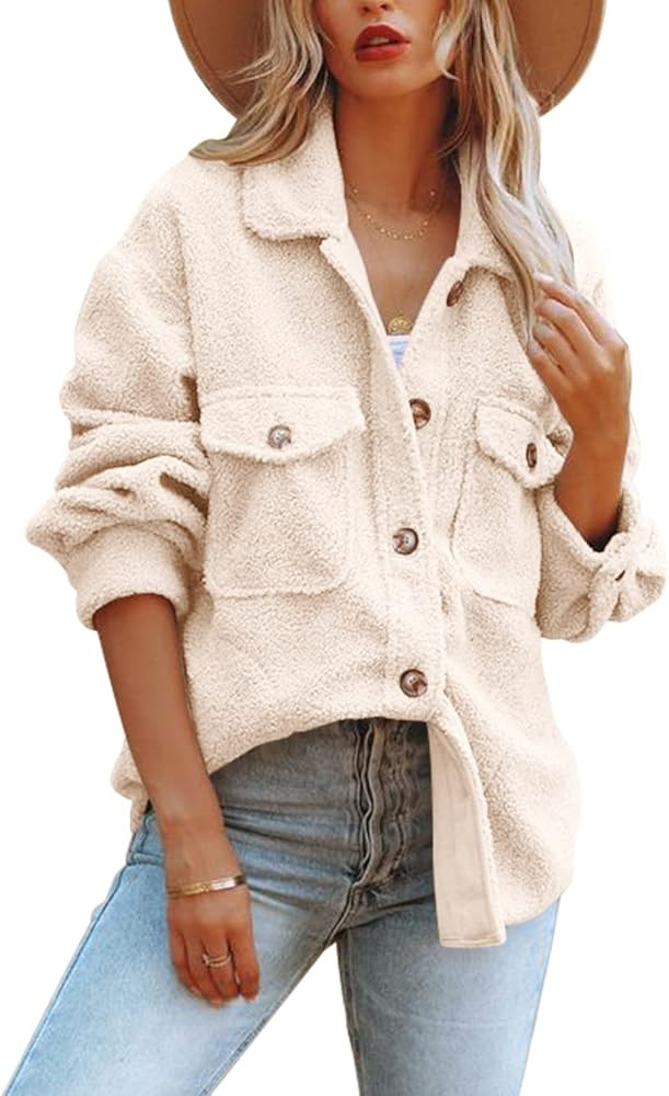 Nirovien Womens Oversized Fleece Jakcets Button Down Sherpa Shacket Fuzzy Coats Casual Warm Teddy Ou | Amazon (US)