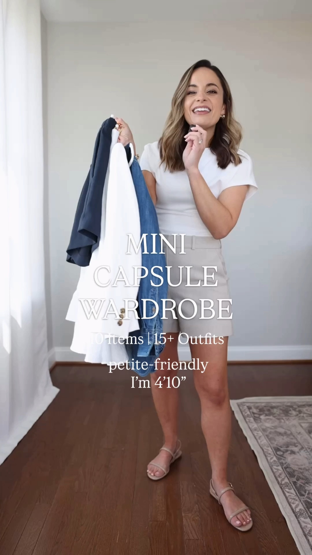 Outfit ideas with the lodge and agency shorts from Aritzia in this capsule. ☺️

A mini capsule wardrobe for summer! 

10 items, 20 outfits. I built this one with polished pieces for a capsule that’s a little dressed up, perfect for something like a special vacation!

3 bottoms 
White linen skirt (J.Crew): petite xxs 
Navy shorts (Aritzia): xs - mid thigh option 
Beige shorts (Aritzia): 0 - mid option 

5 tops 
White top (Nordstrom): petite xs 
Navy sleeveless cardigan (Kohl’s): xs 
Denim vest (BR Factory): 0 
Chambray top (J.Crew): petite 0 
White blazer (J.Crew Factory): petite 00 

2 shoes
Sandals (J.Crew): true to size 
Heels (Dolce Vita): true to size, a little tight on toes 

My measurements for reference: I’m 4’10” and 105lbs. My bust, waist, and hip measurement is 32”, 24”, and 36”.

#LTKPetite