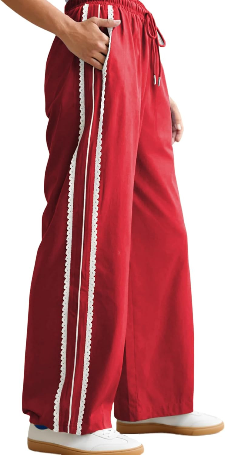 Yeokou Women's Wide Leg Pants Side Stripe Crochet Slip on Drawstring Casual Running Track Palazzo Pants with Pockets | Amazon (US)
