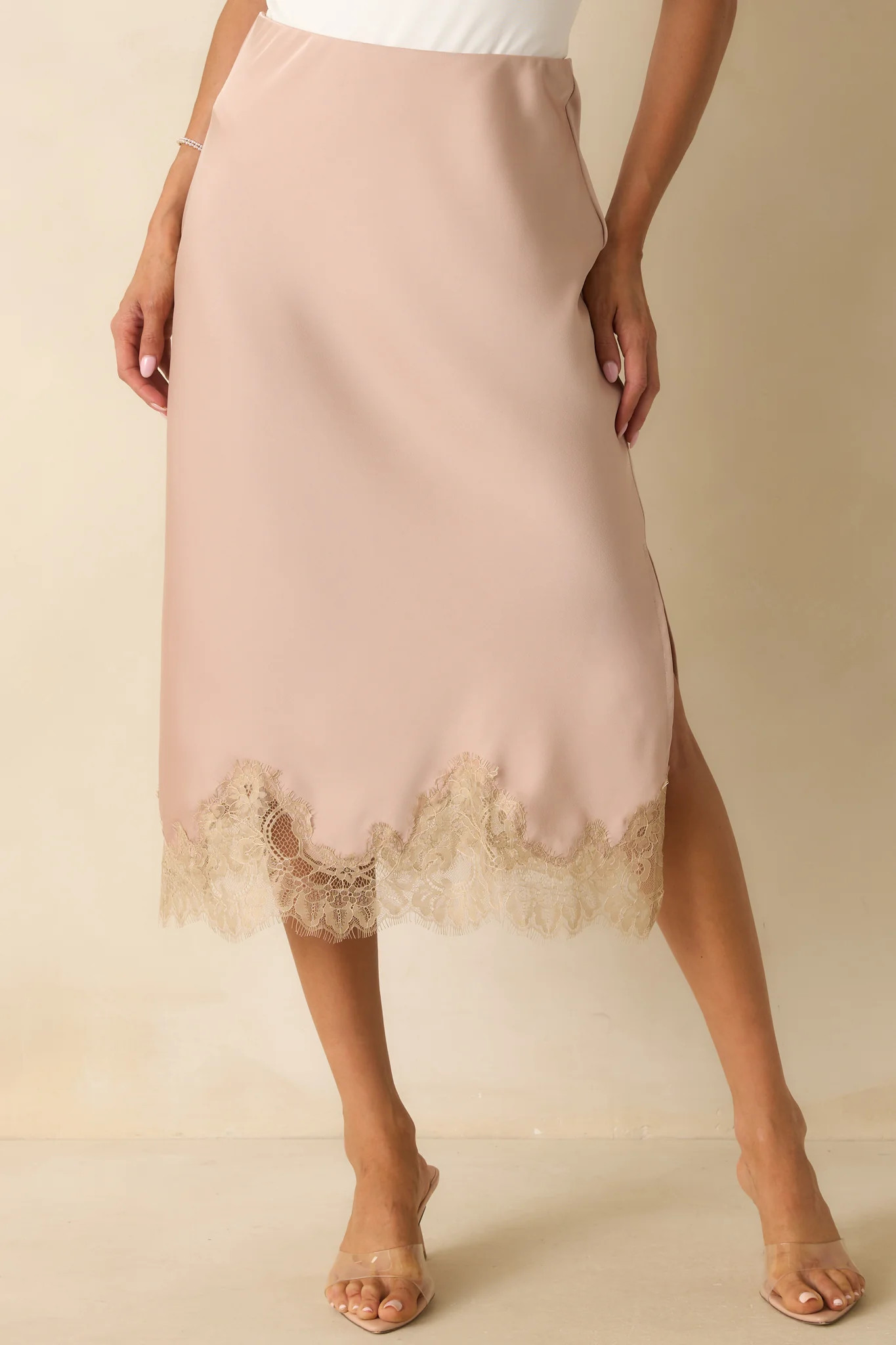 Just Call Me Later Dusty Pink Satin Lace Trim Midi Skirt | Red Dress