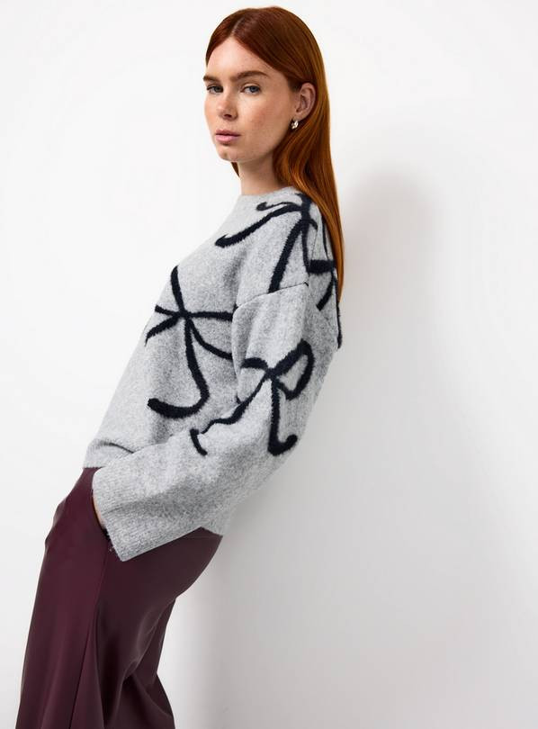 Grey Bow Detail Oversized Knitted Jumper  L | Tu Clothing
