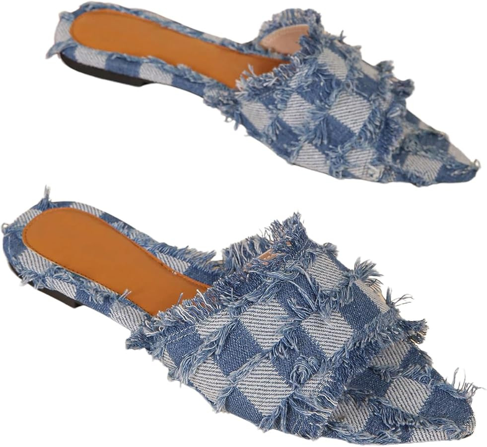 Verdusa Women's Pointed Toe Denim Sandals Open Toess Slip On Mules | Amazon (US)