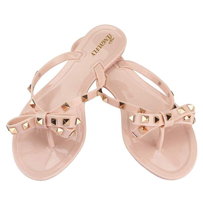 TENGYUFLY Womens Rivets Bowtie Flip Flops Jelly Thong Sandal Rubber Flat Summer Beach Rain Shoes | Amazon (US)