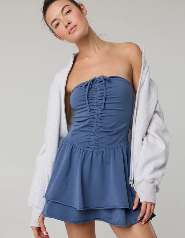 OFFLINE By Aerie OG Cotton Strapless Ruched Mini Dress | Aerie