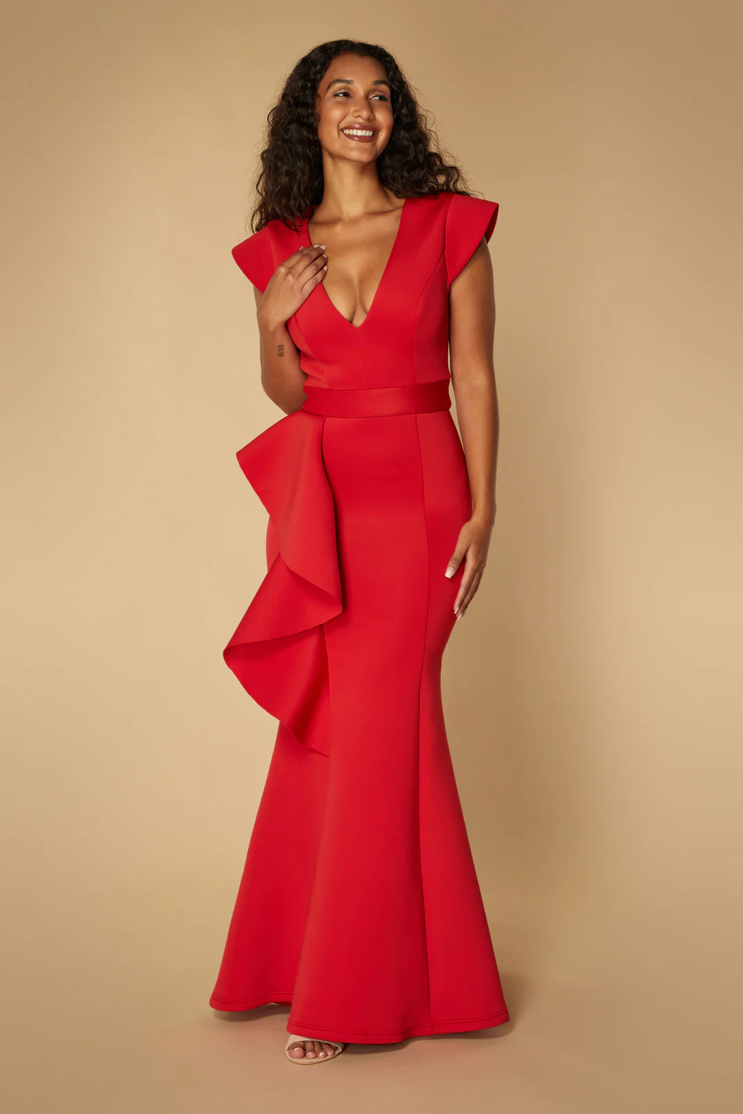 Avery Ruffle Frill V Neck Scuba Maxi Dress in Red | Jarlo London US