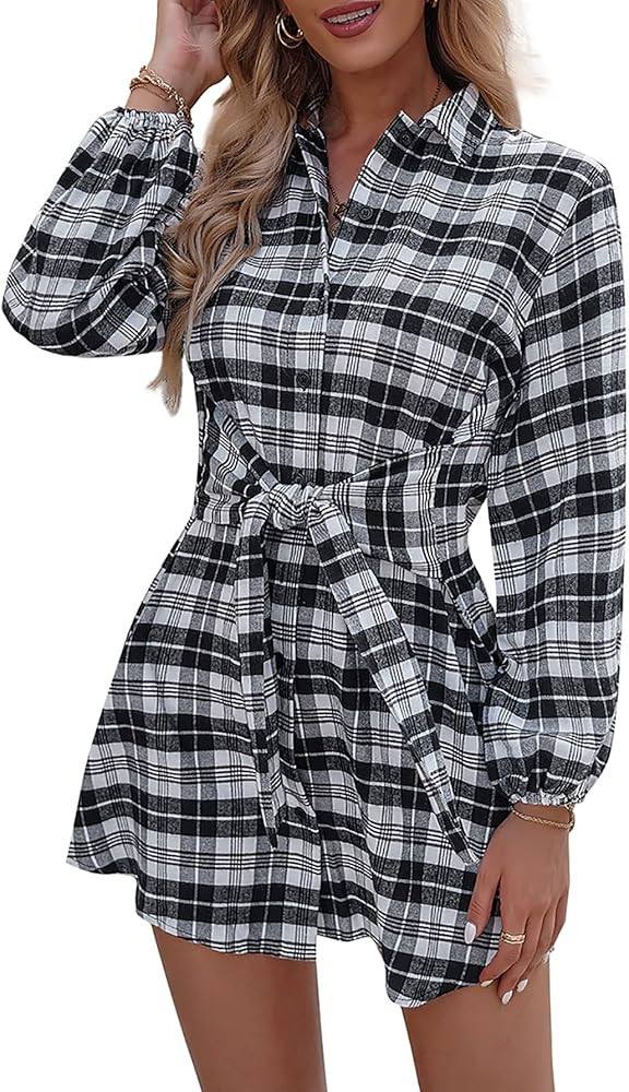 SOLERSUN Women's Plaid Dresses Long Sleeve Tie Front Button Down V Neck Casual Shirt Dress | Amazon (US)