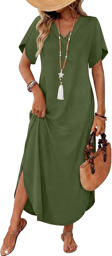WIHOLL Summer Dresses for Women Short Sleeve Maxi Dresses V Neck Sundress with Side Slit Pockets ... | Amazon (US)