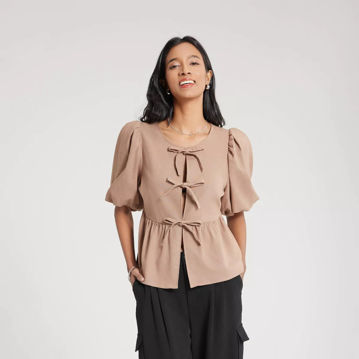 Women's Bubble Sleeve Tie-Front Blouse - A New Day™ | Target
