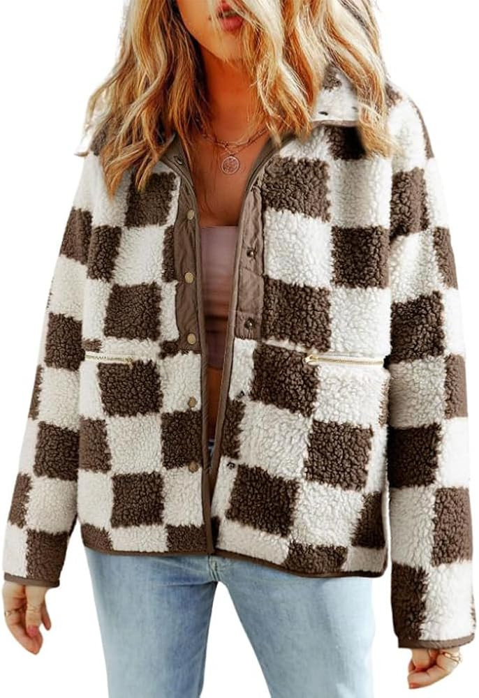 chouyatou Women's Fuzzy Plaid Sherpa Jacket Gingham Button Down Faux Fur Fleece Jacket Coat | Amazon (US)