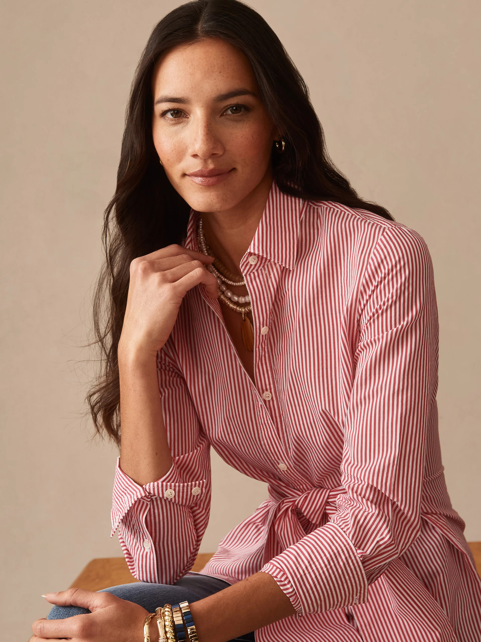 White/Coral Stripe Margaux Shirt | Women's Tops | J.McLaughlin | J.McLaughlin