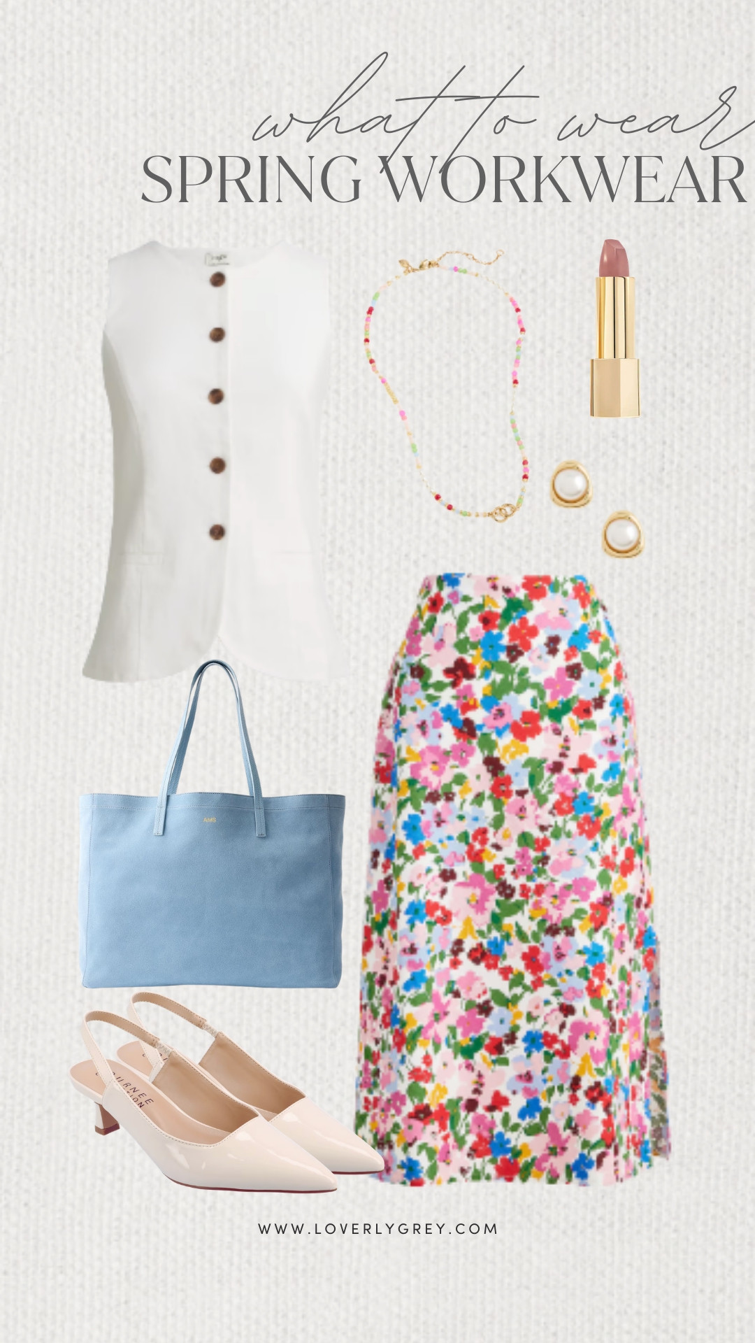 Loverly Grey, what to wear to work! With Spring around the corner, this floral skirt and white buttoned vest is the perfect outfit for your workwear rotation. Pair it with white slingback heels and a blue work tote. Loverly Grey, what to wear, workwear 

 #LTKgrwm #LTKootd #LTKWorkwear
