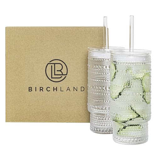 Birchland All Glass Hobnail Tumbler with Glass Lid and Straw, Beaded Style Set of 2 (16 oz Hobnail) | Amazon (US)