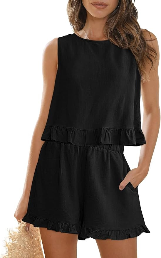 AUTOMET Womens 2 Piece Outfits Summer Sets Sleeveless High Neck Ruffle Crop Tops and High Waisted... | Amazon (US)