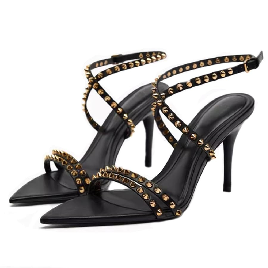 Women's Open Pointy Toe Sparkle Studded Sandals Summer Sexy Black Adjustable Buckle Ankle Strap S... | Amazon (US)