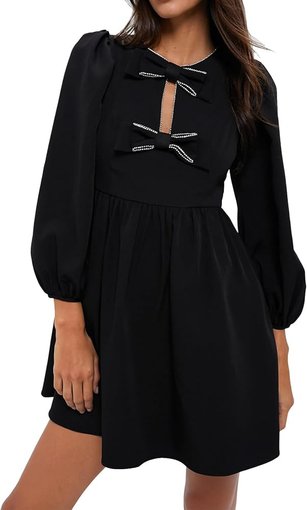 SCOFEEL Women's Embellished Bow Mini Dress Long Sleeve Crewneck Crystal Bow Short Dress Elegant P... | Amazon (US)