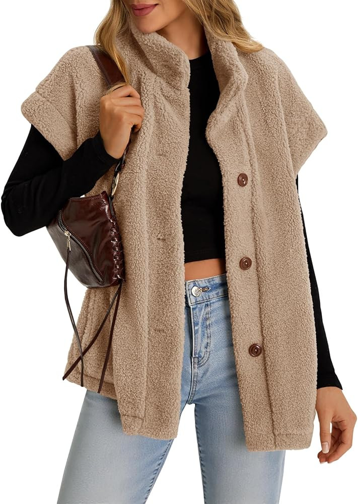 Tanakneo Womens Oversized Fleece Vest Sleeveless Fuzzy Sherpa Jacket Trendy Casual Button Down Wa... | Amazon (US)