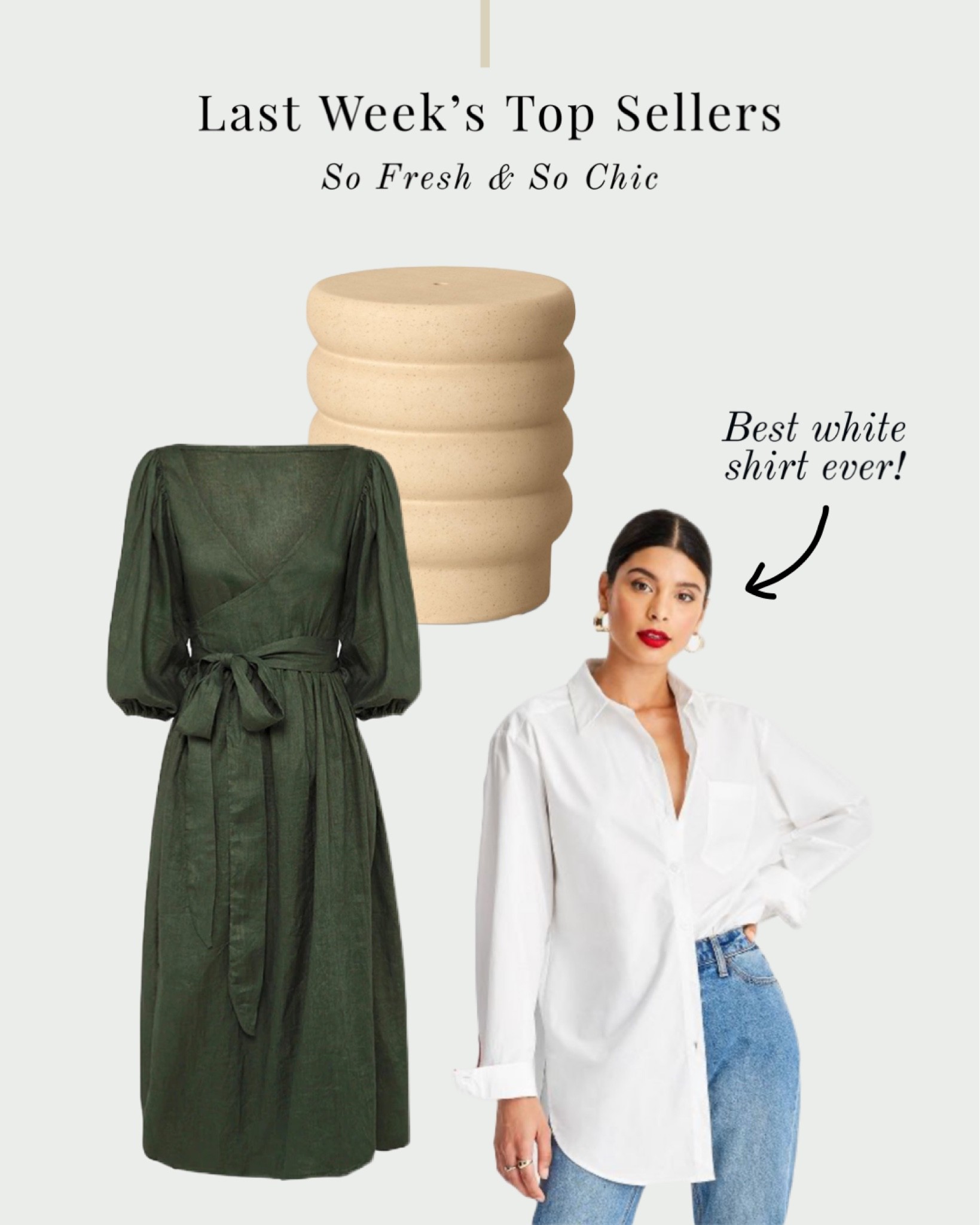 Last week’s top sellers! Let me just tell you, this women’s white button down shirt fits AMAZING esp for the price and the green linen dress has also been a consistent hit with you guys!
-
Target - Etsy - ceramic side table - women’s green linen wrap dress - fall family photo shoot outfit - white button down shirt - affordable fall fashion - affordable accent table 

#LTKunder100 #LTKstyletip #LTKhome