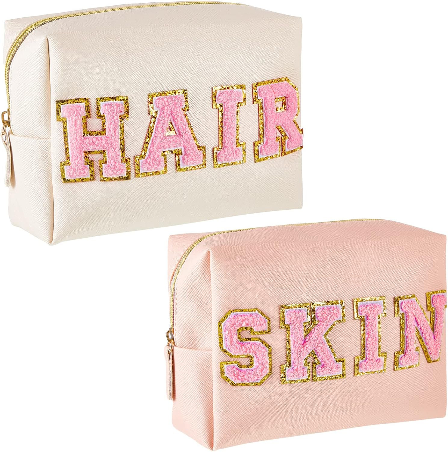 2 Pieces Preppy Patch Makeup Bag Small Chenille Letter Cosmetic Bag Pu Leather Waterproof Toiletr... | Amazon (US)
