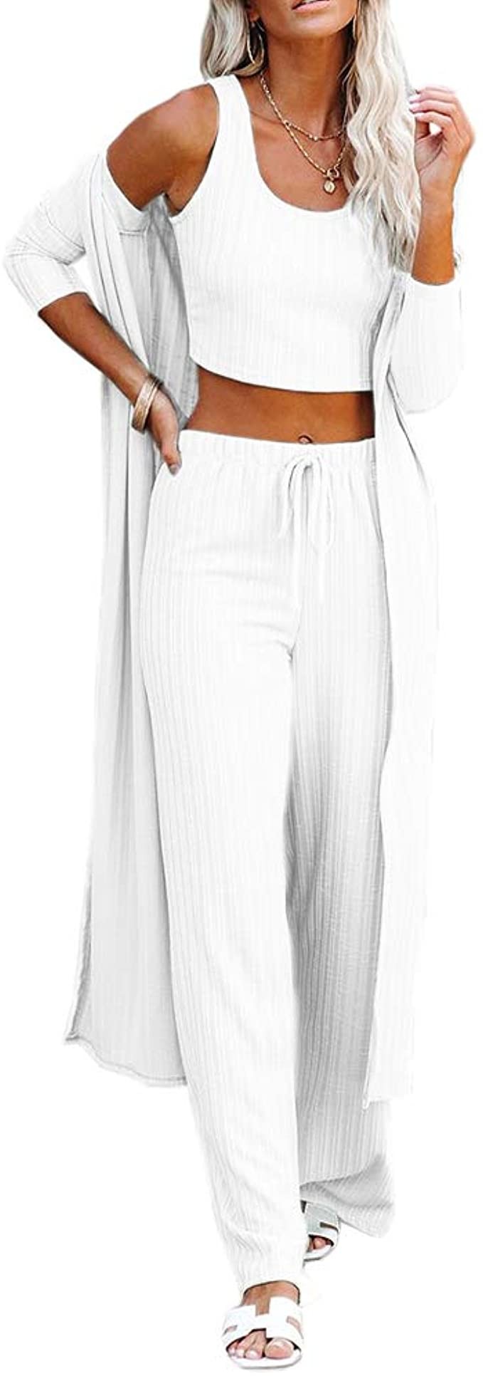 Womens Pajamas Set Spring 3 Piece Loungewear Set Crop Vest Top Loose Pants and Cardigan Knitwear ... | Amazon (US)