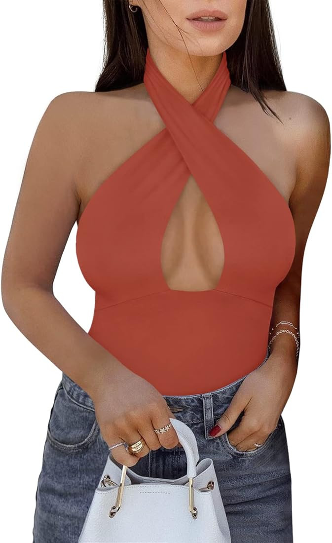 REORIA Women's Sexy Criss Cross Halter Neck Sleeveless Thong Bodysuits Tops Clubwear | Amazon (US)