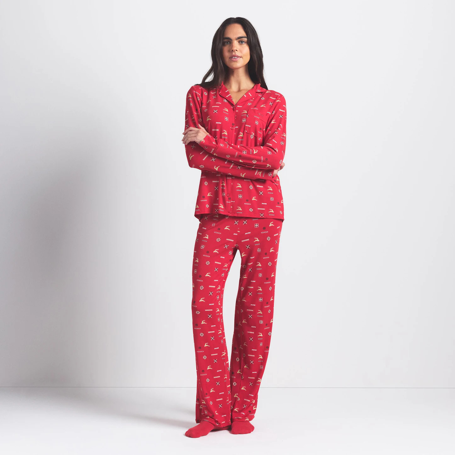 SKIMS SLEEP LONG SLEEVE BUTTON UP SET | CRANBERRY VINTAGE DEER PRINT | SKIMS (US)