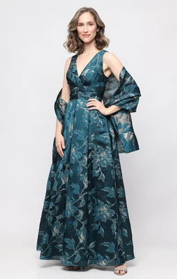 *Long Sleeveless Jacquard Dress with Ruched Waist and Shawl | Alex Evenings