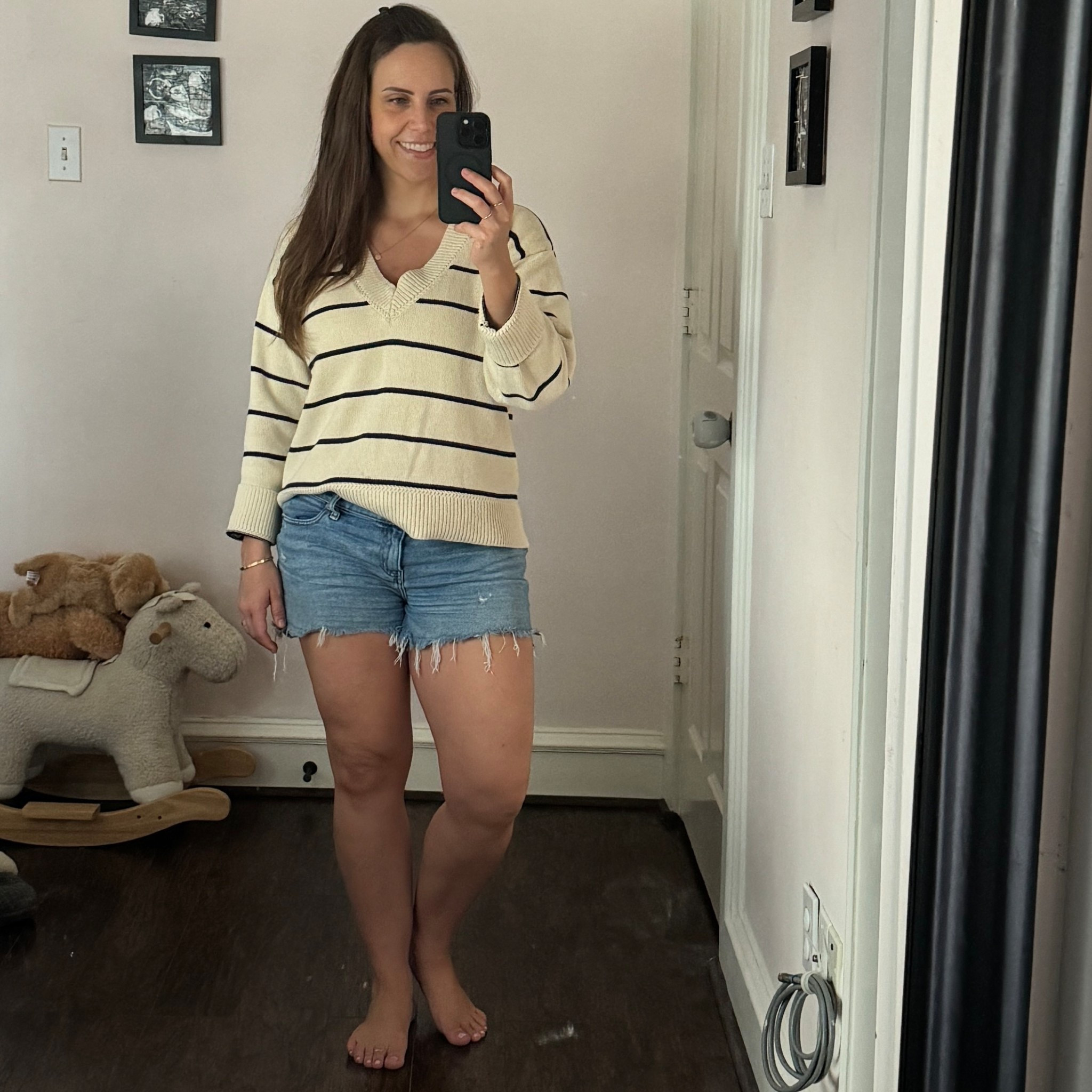 Perfect warm weather combo when the air conditioner is on and I’m predominantly inside. Striped sweater — wearing a size small. 

#LTKPetite #LTKBaby #LTKootd