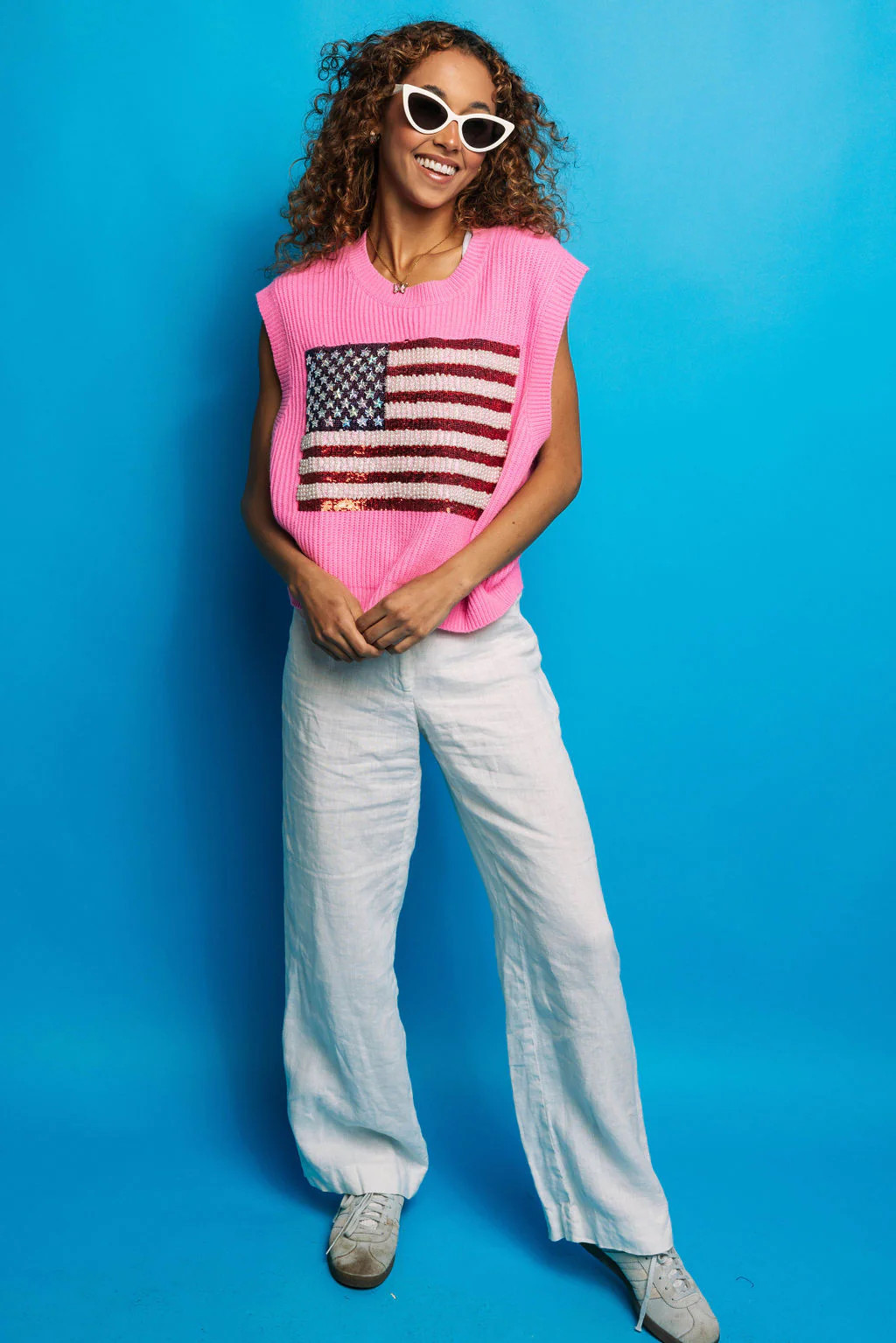 Neon Pink American Flag Sweater Tank | Queen of Sparkles