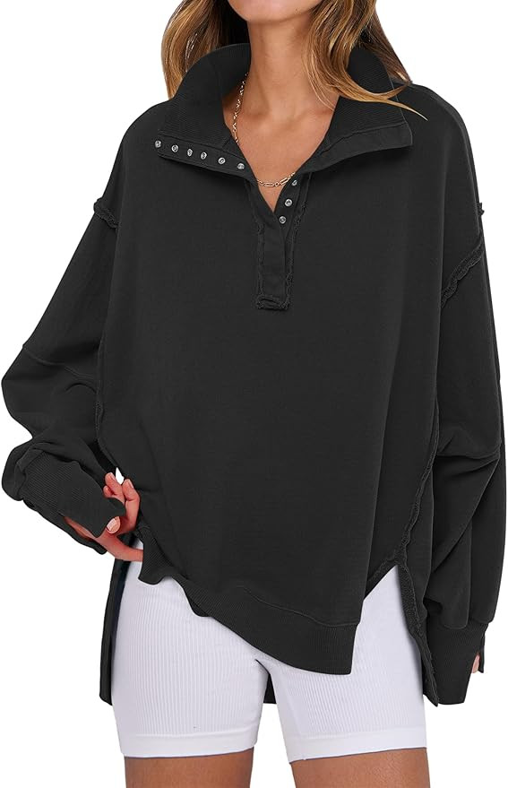 ANRABESS Women's Sweatshirts Oversized Casual Loose Button Up Henley Pullover Top High Low Split ... | Amazon (US)