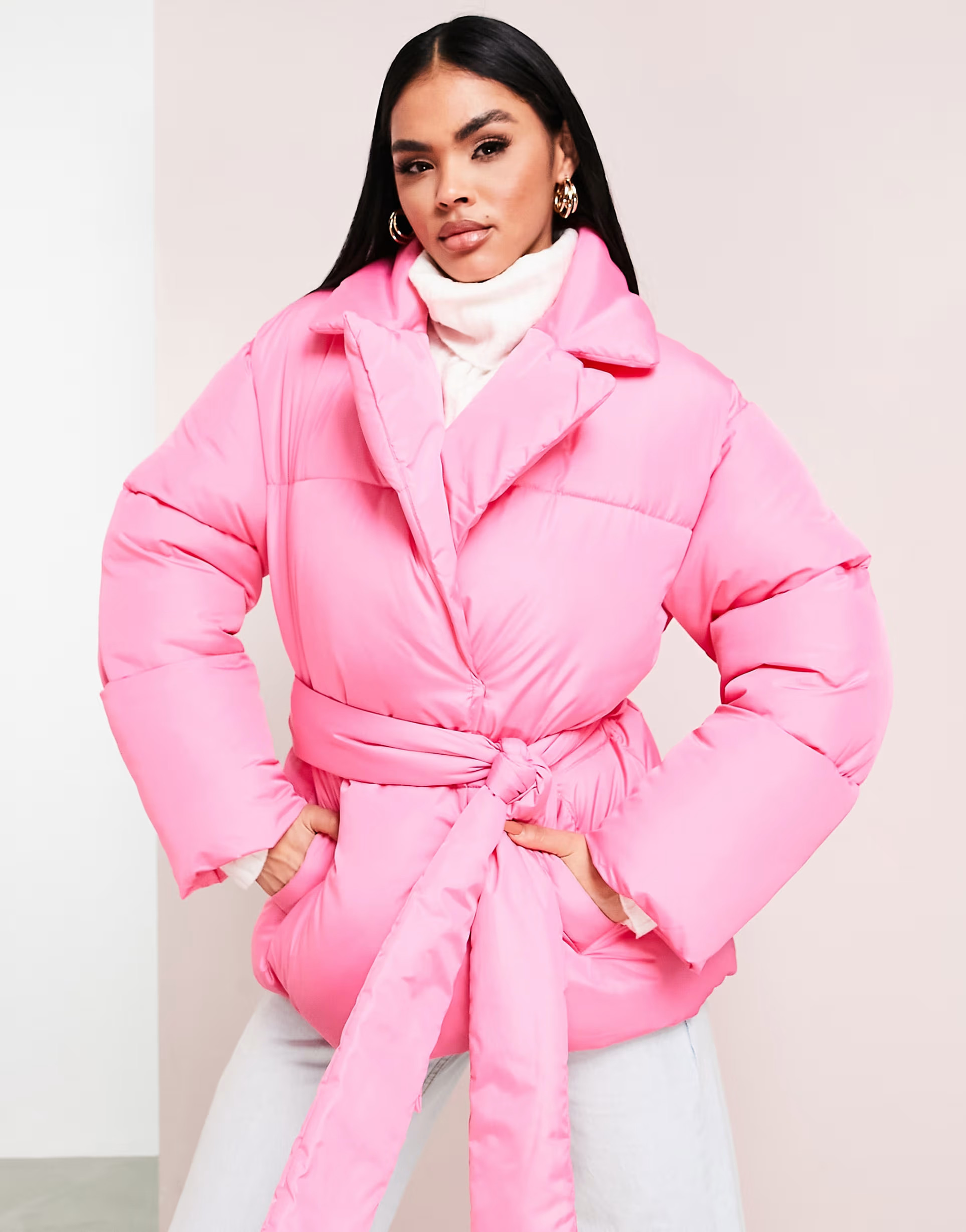 ASOS LUXE wrap puffer coat in hot pink | ASOS | ASOS (Global)