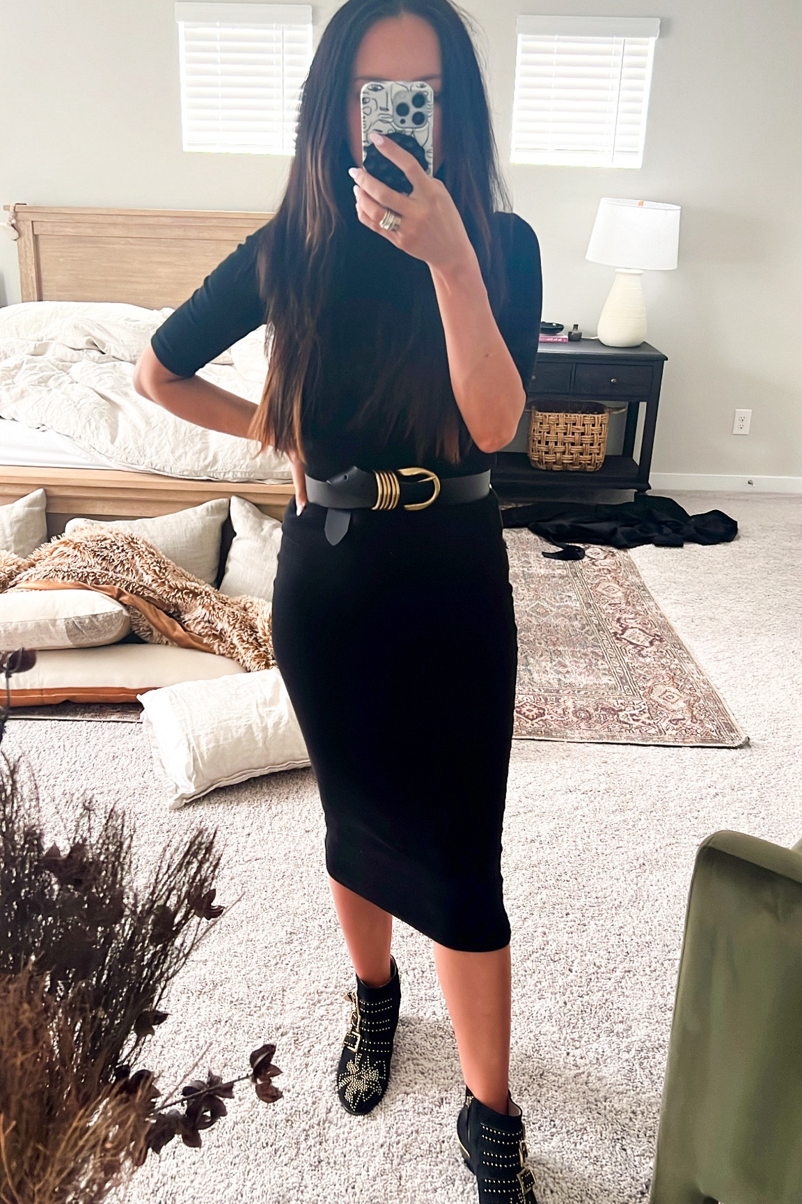 Trust me, buy the mock neck black dress. Mine is old but I linked very similar options. Also this statement belt is my favorite accessory I own. I throw it in everything. 

#blackbooties #chloe #blackbelt #mockneck #midilength #tlength #midi

#LTKworkwear #LTKstyletip #LTKshoecrush