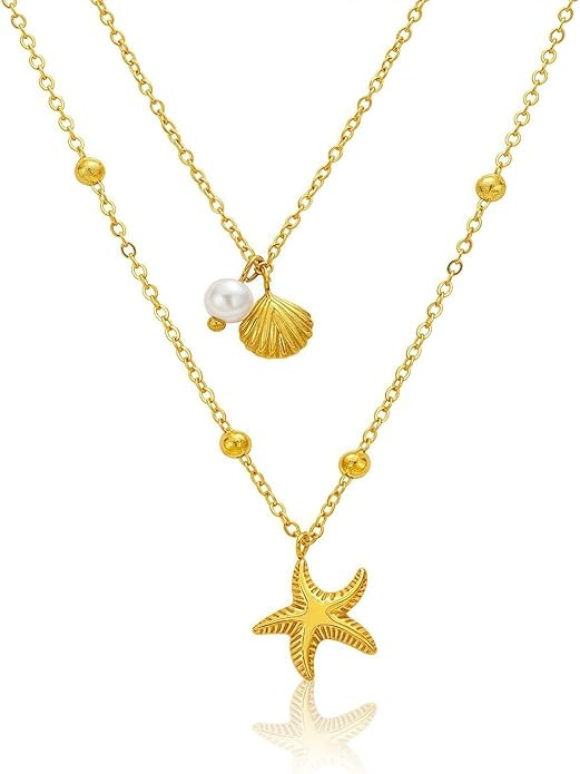 14K Gold - gold starfish necklace & Shell Pearl Charm Necklace for Women, Non - Tarnish Adjustabl... | Amazon (US)