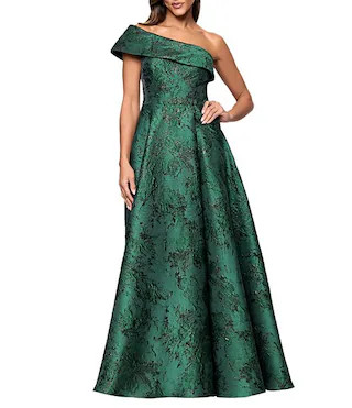 One Shoulder Metallic Jacquard Gown | Dillard's