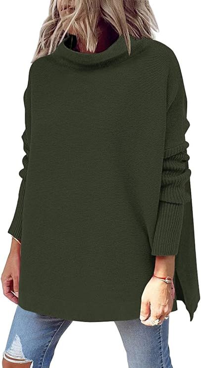 LILLUSORY Women's Mock Turtleneck Sweater Long Batwing Sleeve Split Hem Casual Oversized Knit Pul... | Amazon (US)