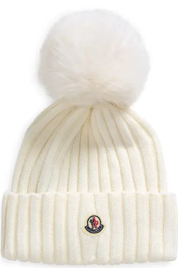 Virgin Wool Rib Beanie with Faux Fur Pompom | Nordstrom