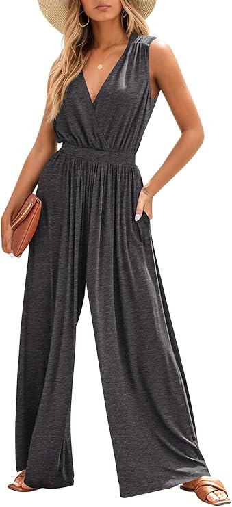 PRETTYGARDEN Womens 2024 Cross V Neck Sleeveless One Piece Jumpsuits | Amazon (US)