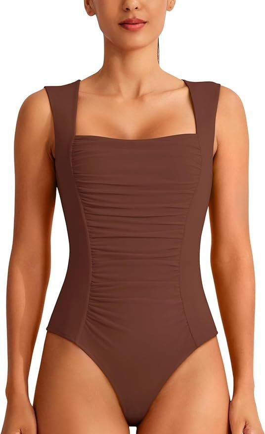 REORIA Women's Square Neck Body suit Sleeveless Sexy Mesh Ruched Bodysuits Tank Tops 2024 Spring/... | Amazon (US)