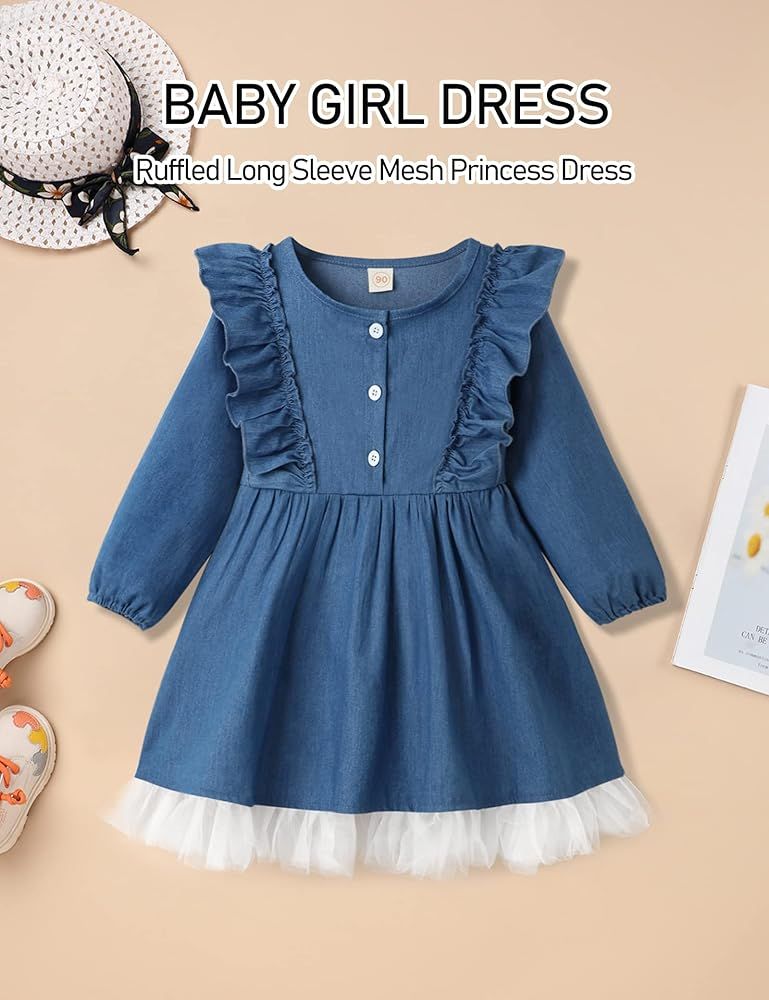Toddler Baby Girl Clothes Long Sleeve Dress Ruffle Denim Skirt Lace Hem Princess Party Skirt Outfits | Amazon (US)