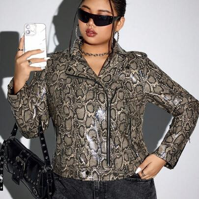 Plus Size Snake Skin Pattern Zipper Front PU Leather Jacket, Casual Daily Wear | SHEIN