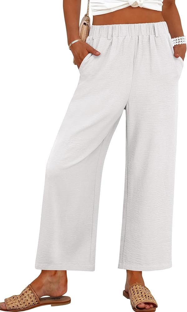 ANRABESS Women's Wide Leg Cropped Pants Elastic Waist Lounge Summer Palazzo Pants Beach Vacation ... | Amazon (US)