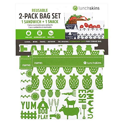Lunchskins Reusable 2 Piece Food Storage Bag Set, 1 Sandwich Bag + 1 Snack Bag, Green Farm | Amazon (US)